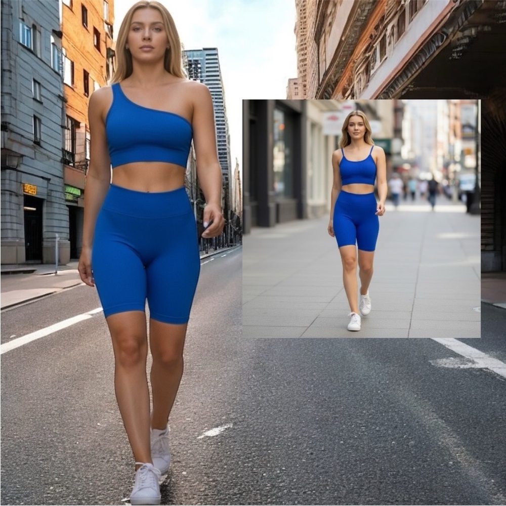 Blue 3pc One-Shoulder & Spaghetti Strap Sports Bra & Shorts set